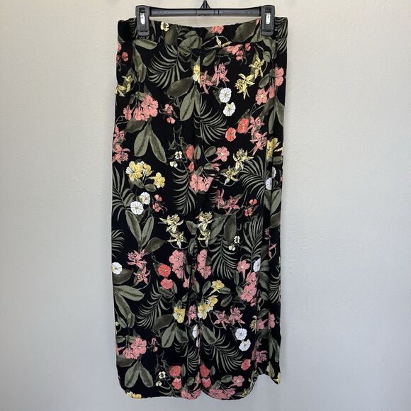 Liz Claiborne | Hawaiian Black Floral Wide Leg Pants Size 4 Gaucho Palazzo Crop - Picture 3 of 5